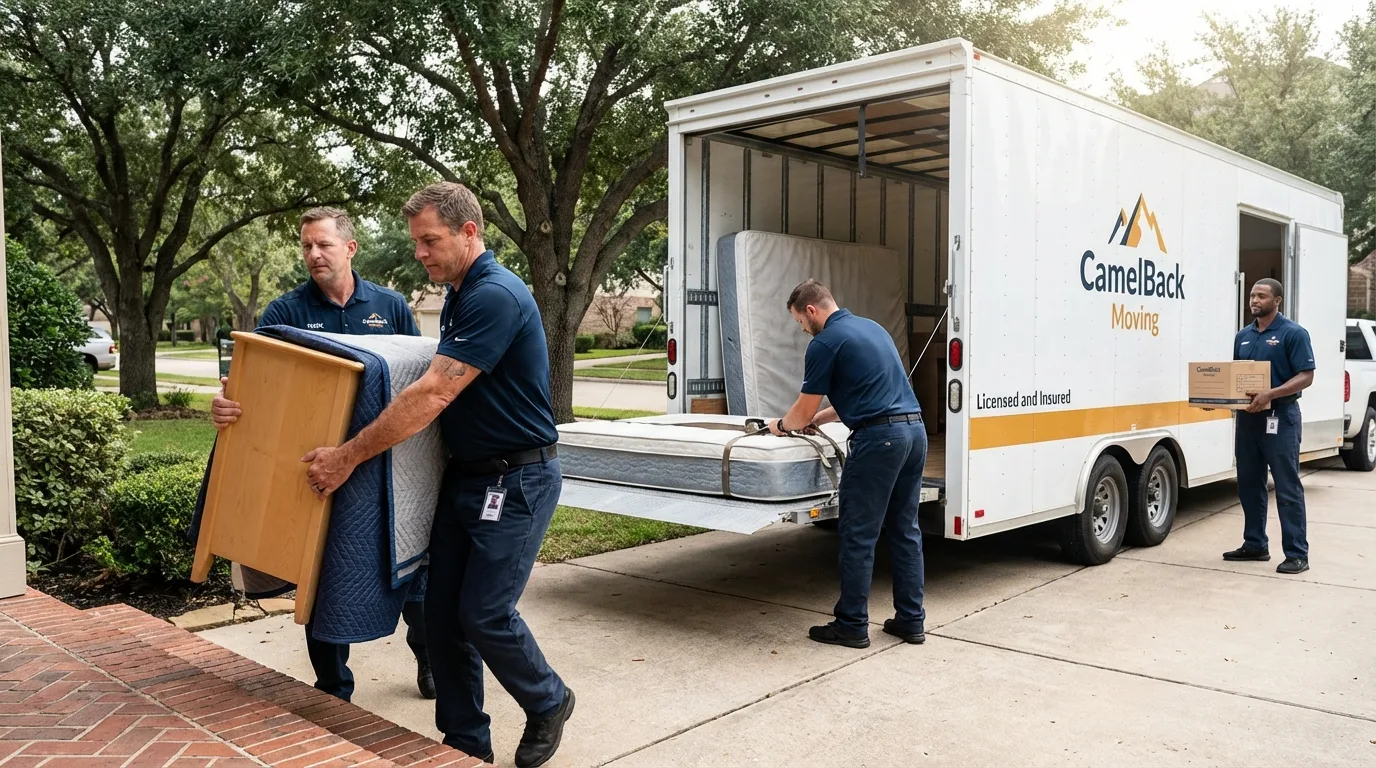 Crew loading residential truck for cross-state move from Piedmont, OK