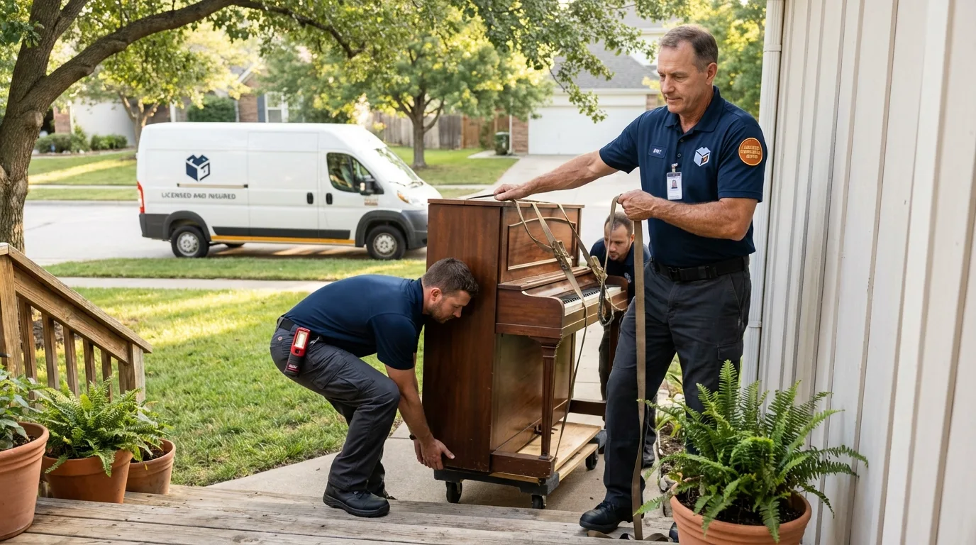 Licensed piano movers securing grand piano in Piedmont, OK