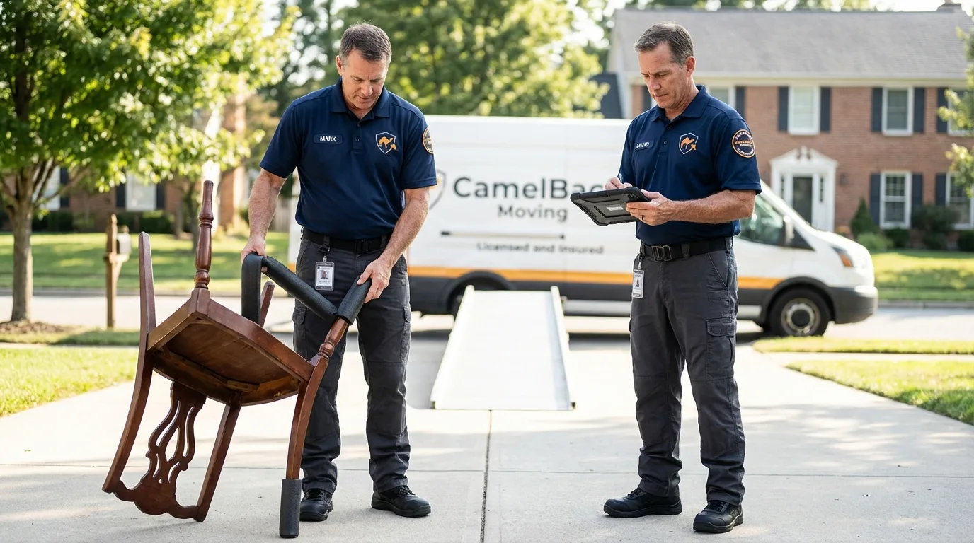 Movers inspecting furniture for damage prevention before loading in Piedmont, OK