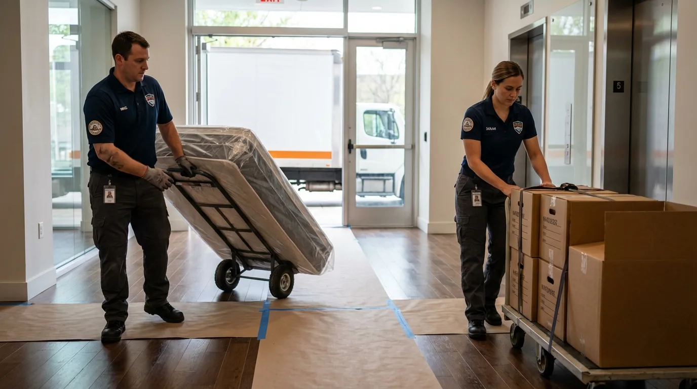 Professional apartment movers loading elevator in Piedmont, OK