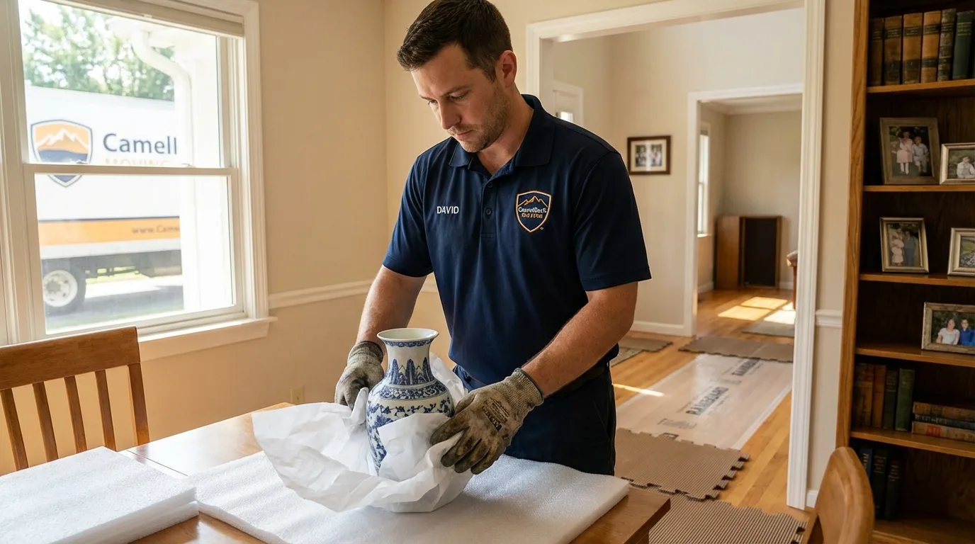 Professional crew carefully wrapping antique vase for senior downsizing move in Piedmont, OK